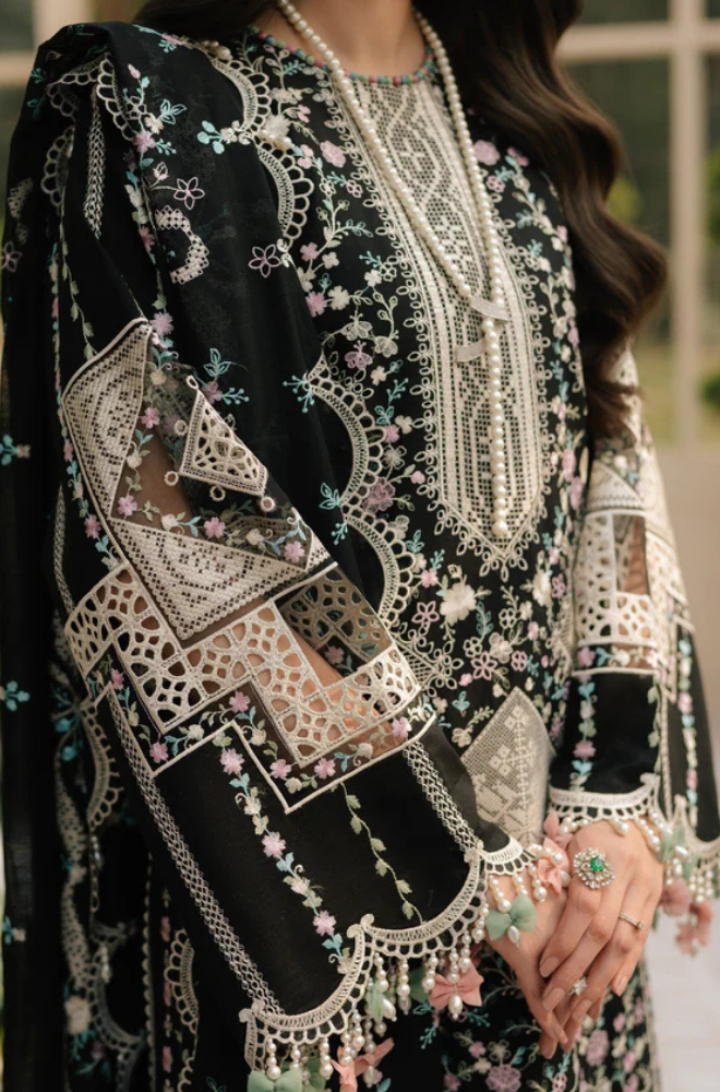 BIN ILYAS - 3PC Unstitched Lawn Embroidered Shirt with Embroidered Crinkle Dupatta - ES 2191