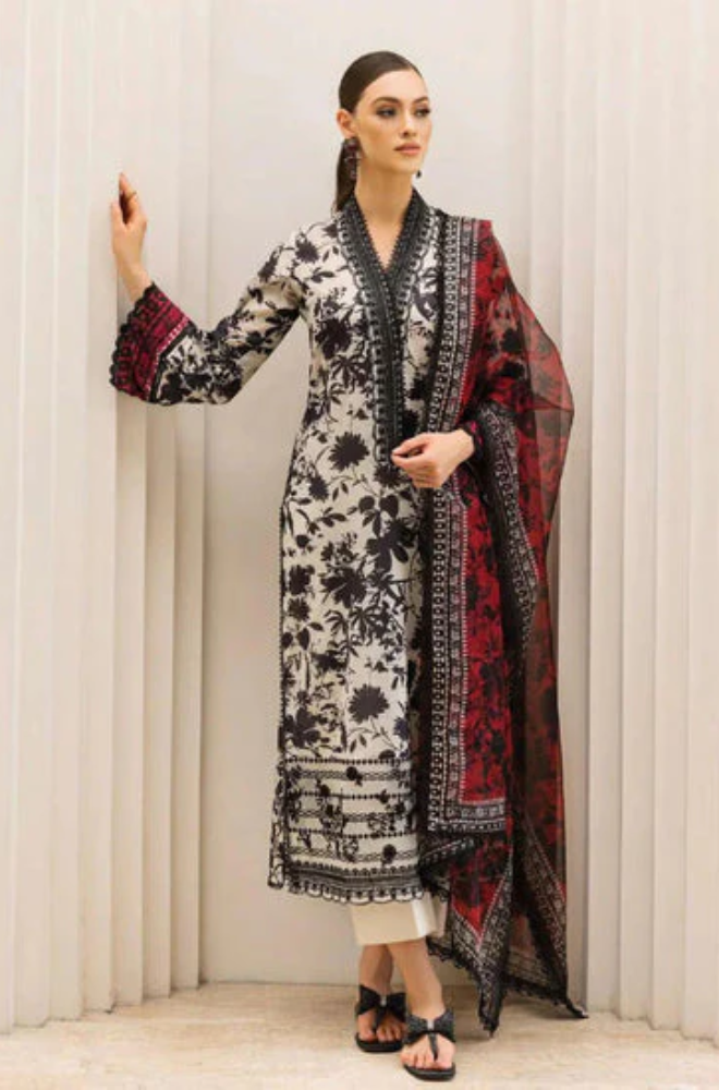 Maria B-3PC Lawn Printed Shirt with Embroided Patches and Printed Dubatta and Trousers-ES1605