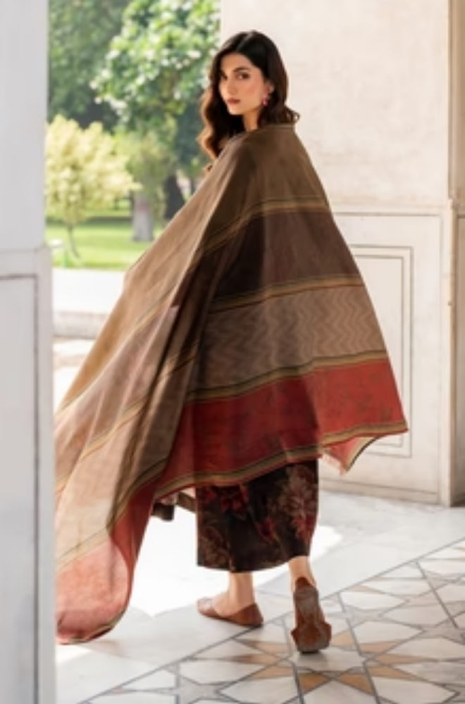 Baroque - 3PC Unstitched Printed Karandi Shirt with Printed Karandi Dupatta and Trouser - ES1158