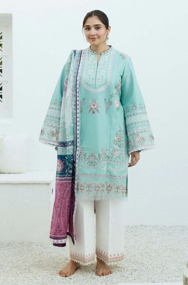 Zara Shah Jahan - 3PC Unstitched Lawn Embroidered Shirt with Digital Printed Cotton Net Dupatta and Embroidered Trousers - ES1017