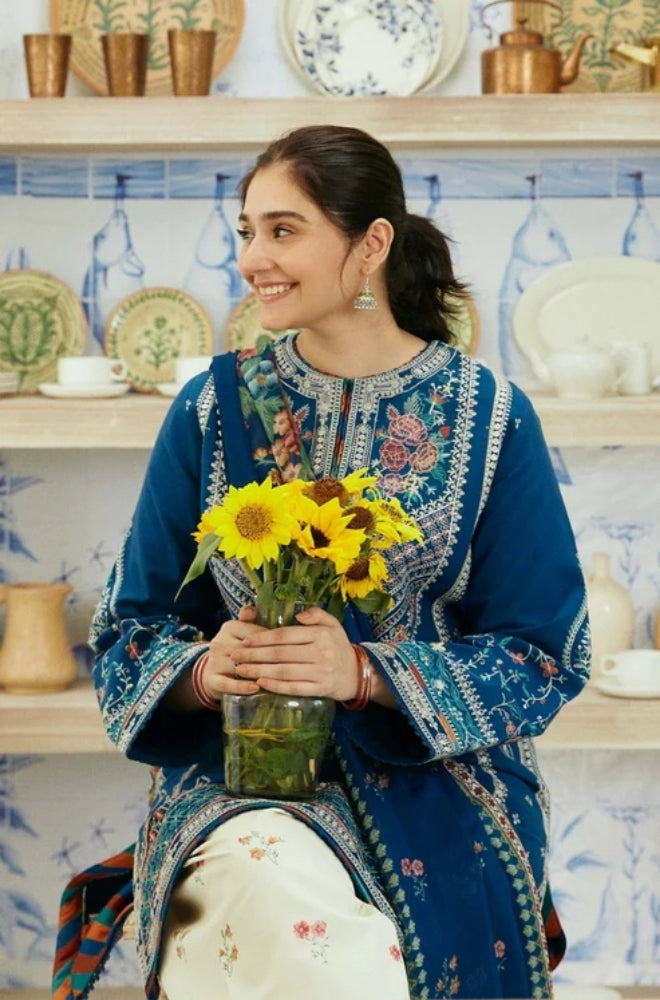 Zara Shah Jahan - 3PC Unstitched Dhanak Embroidered Shirt with Digital Printed Shawl and Embroidered Trousers - ES1042