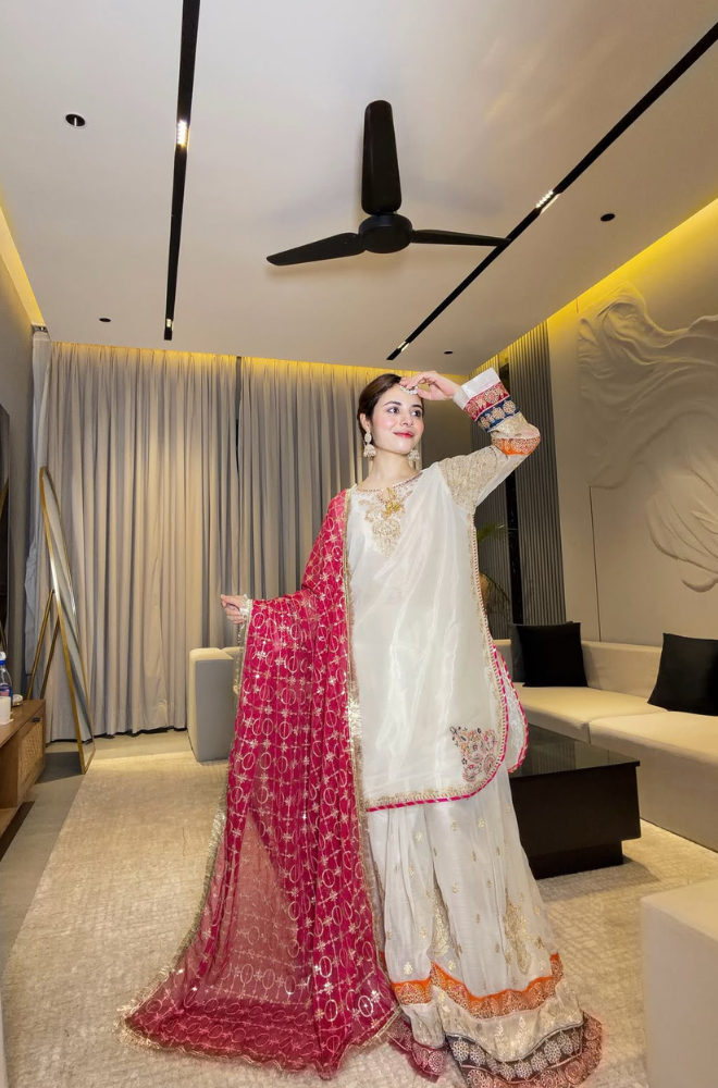 ETHNIC-3PIECE Emroidered Shirt with Embridered khadi net dubbata and trousers-ES 8011