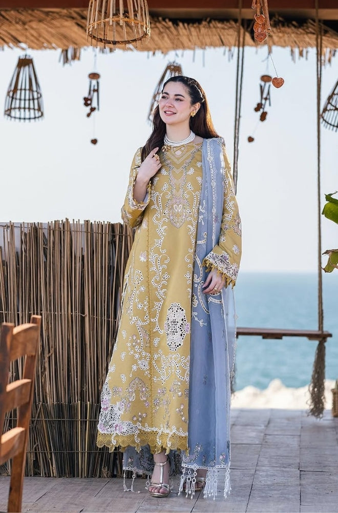 Qalamkaar - 3PC Unstitched Lawn Chicken Kari Embroidered Shirt with Embroidered Slub Net Dupatta - ES1093
