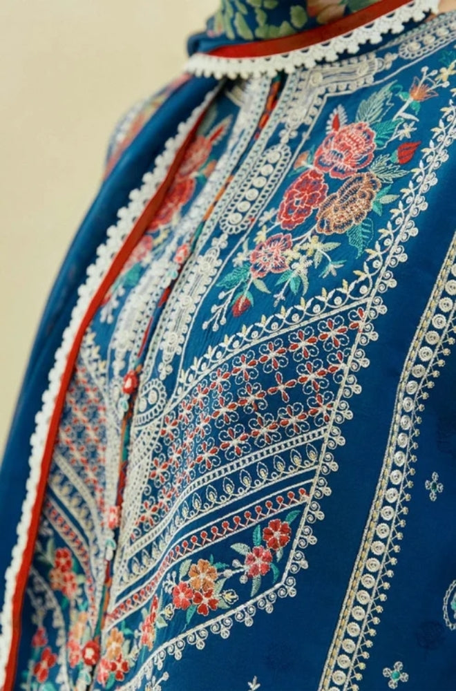 Zara Shah Jahan - 3PC Unstitched Dhanak Embroidered Shirt with Digital Printed Shawl and Embroidered Trousers - ES1042