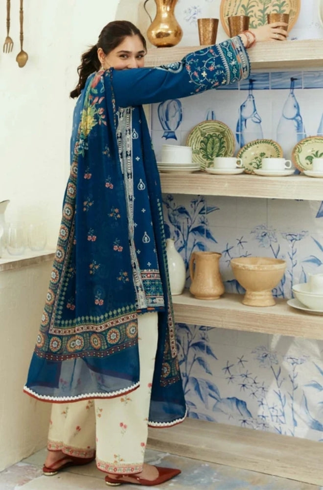 Zara Shah Jahan - 3PC Unstitched Dhanak Embroidered Shirt with Digital Printed Shawl and Embroidered Trousers - ES1042