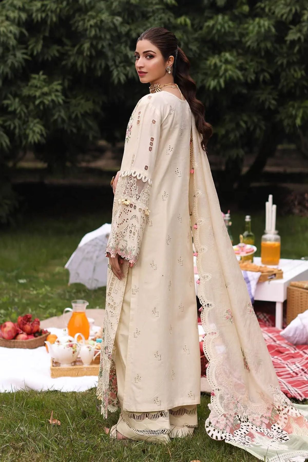 Kahf - 3PC Unstitched Lawn Embroidered Shirt with Embroidered Slub Net Dupatta and Trouser - ES 2226