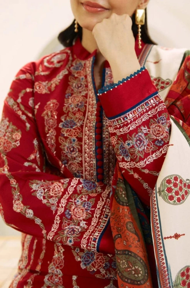 Zara Shah Jahan - 3PC Unstitched Dhanak Embroidered Shirt with Digital Printed shawl and Embroidered Trouser- ES1041