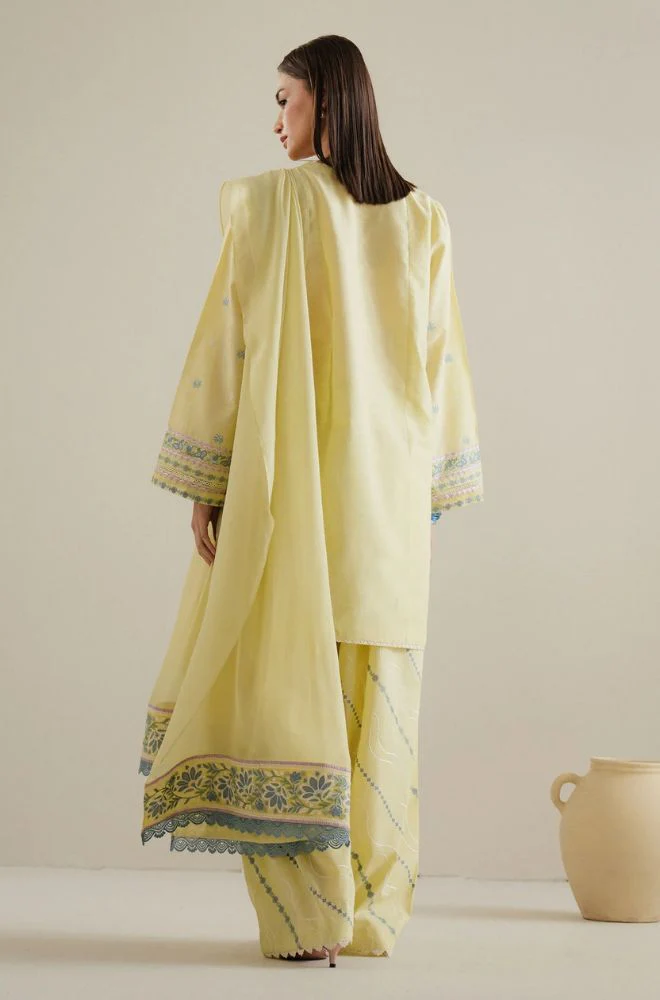 Zara Shah Jahan - 3PC Lawn Embroidered Shirt with Embroidered Khaddi Net Dupatta (Unstitched)-ES1401