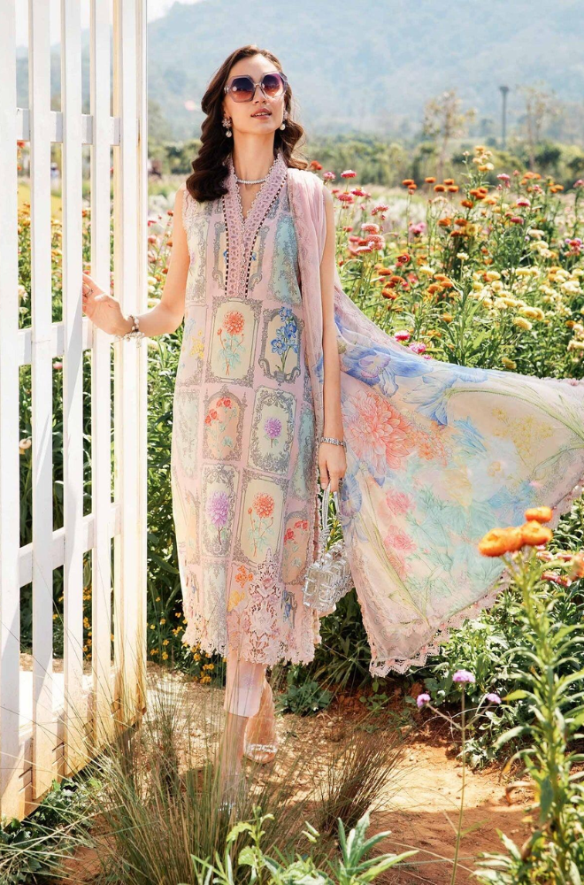 Maria B-3PC Lawn Printed Shirt with Embroided Patches and Printed Dubatta and Trousers-ES1608