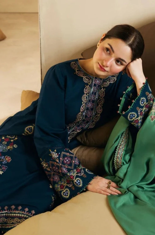 Zara Shah Jahan - 3PC Unstitched Dhanak Embroidered Shirt with Embroidered Dhanak Shawl and Trouser - ES1039