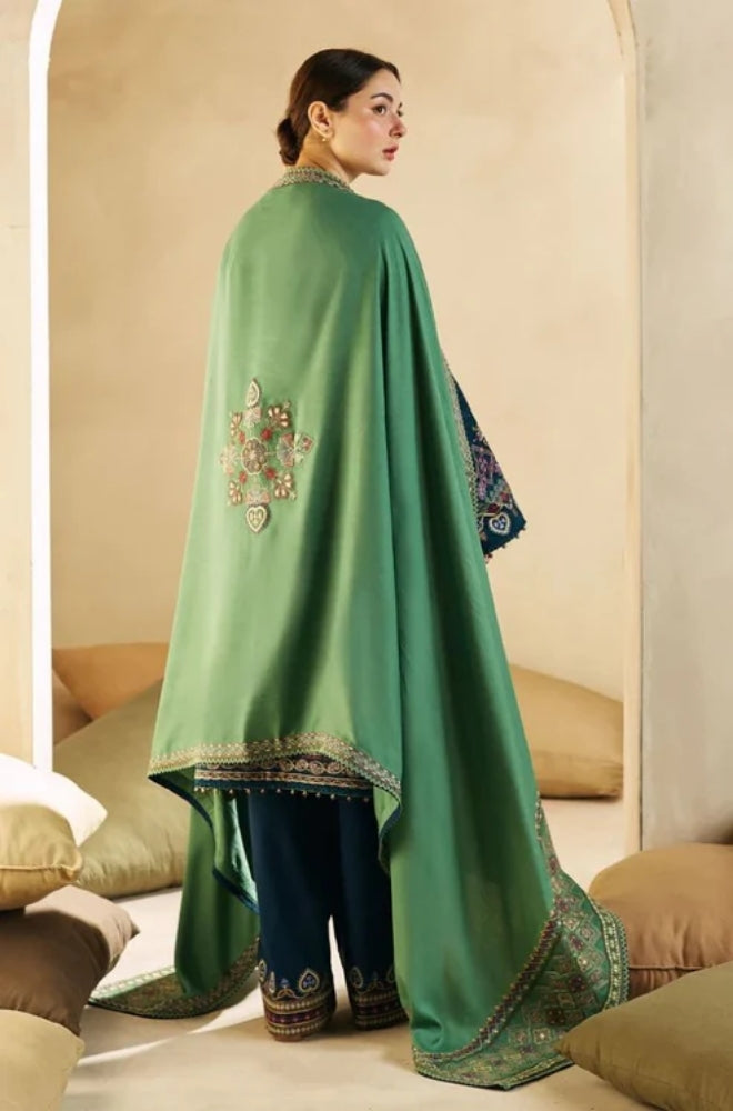Zara Shah Jahan - 3PC Unstitched Dhanak Embroidered Shirt with Embroidered Dhanak Shawl and Trouser - ES1039