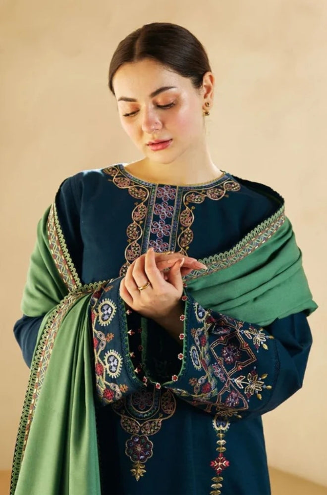Zara Shah Jahan - 3PC Unstitched Dhanak Embroidered Shirt with Embroidered Dhanak Shawl and Trouser - ES1039