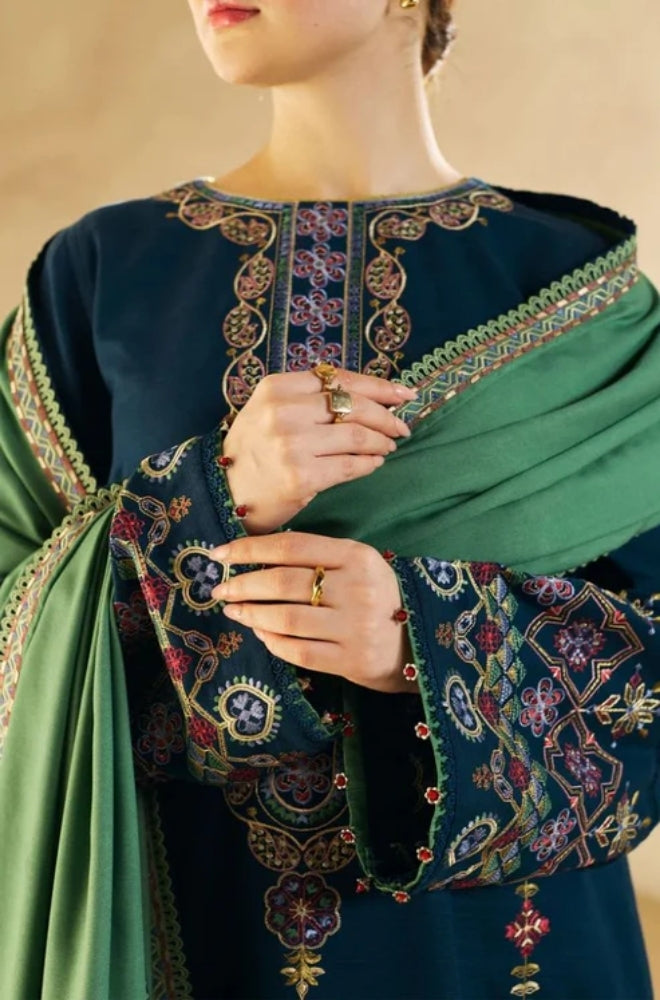 Zara Shah Jahan - 3PC Unstitched Dhanak Embroidered Shirt with Embroidered Dhanak Shawl and Trouser - ES1039