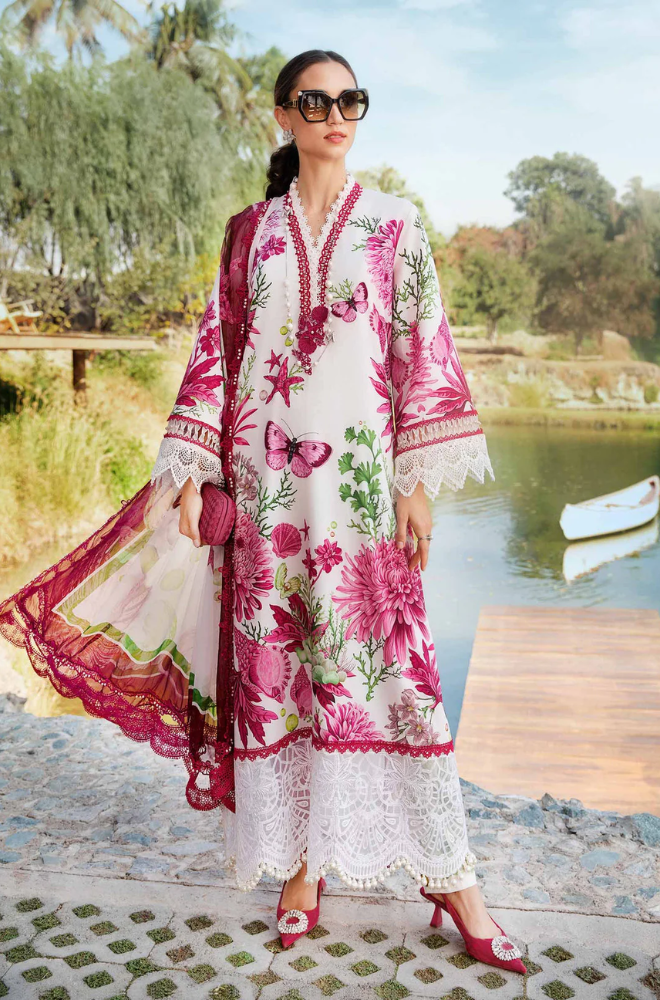 Maria B-3PC Lawn Printed Shirt with Embroided Patches and Printed Dubatta and Trousers-ES1609