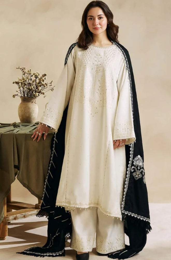 Zara Shah Jahan - 3PC Unstitched Dhanak Sequence Embroidered Shirt with Embroidered Dhanak Shawl and Embroidered Trouser - ES1023