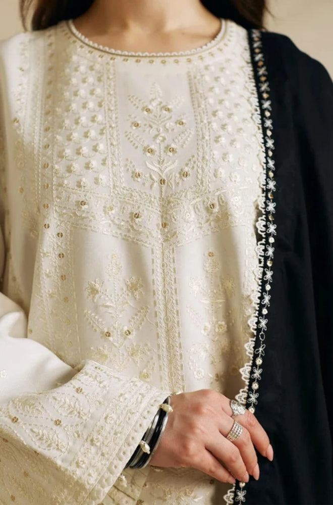 Zara Shah Jahan - 3PC Unstitched Dhanak Sequence Embroidered Shirt with Dhanak Embroidered Dupatta and Trousers- ES1023