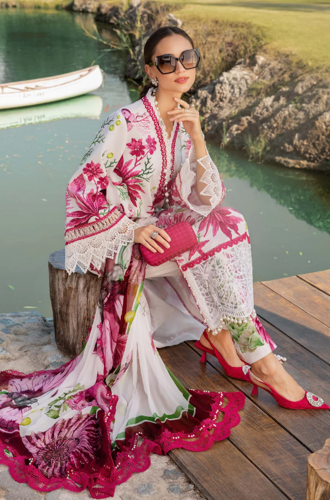 Maria B-3PC Lawn Printed Shirt with Embroided Patches and Printed Dubatta and Trousers-ES1609