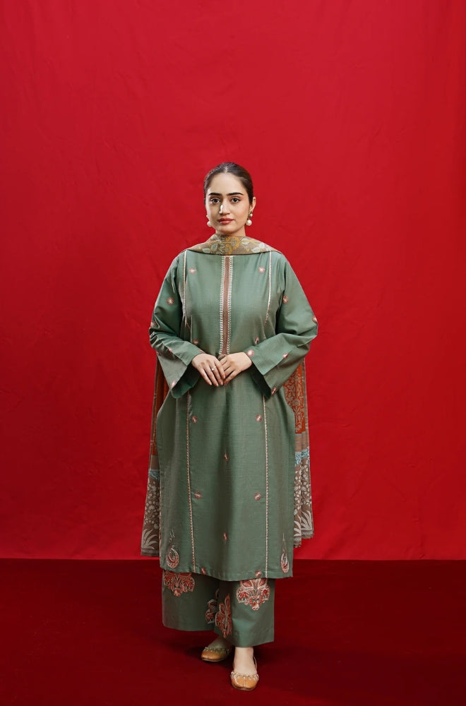 URGE - 3PC Unstitched Dhanak Embroidered Shirt with Digital Printed Shawl and Embroidered Trouser- ES1207
