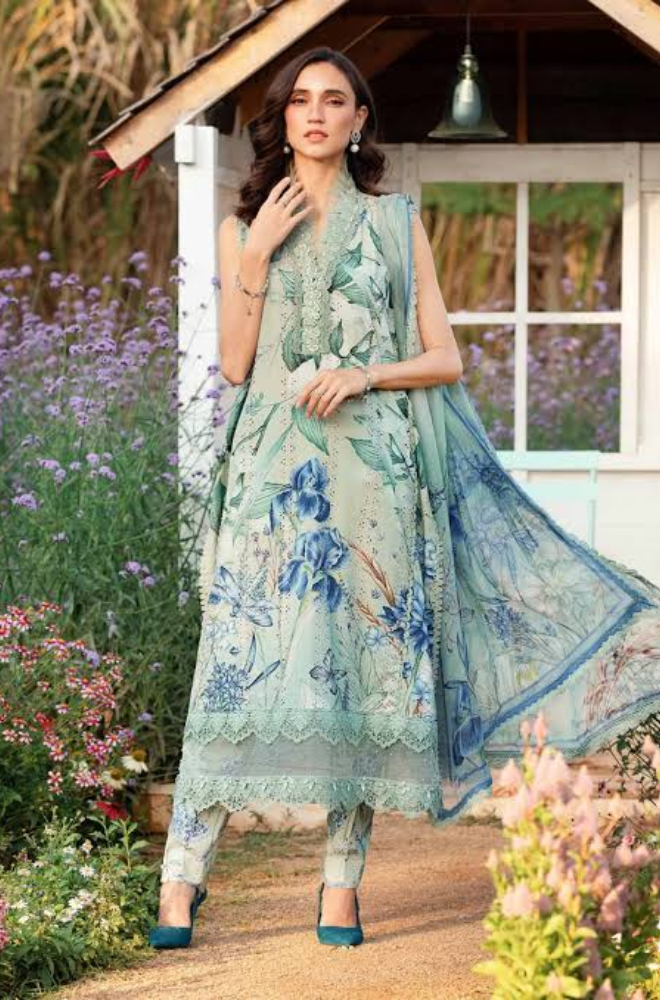Maria B-3PC Lawn Printed Shirt with Embroided Patches and Printed Dubatta and Trousers-ES1610