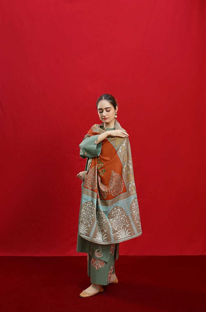 URGE - 3PC Unstitched Dhanak Embroidered Shirt with Digital Printed Shawl and Embroidered Trouser- ES1207