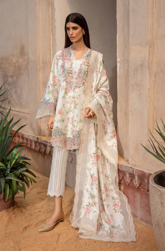 Crimson - 3PC Unstitched Lawn Printed + Embroidered Shirt with Printed Silk Dupatta and Embroidered Trouser - ES1148