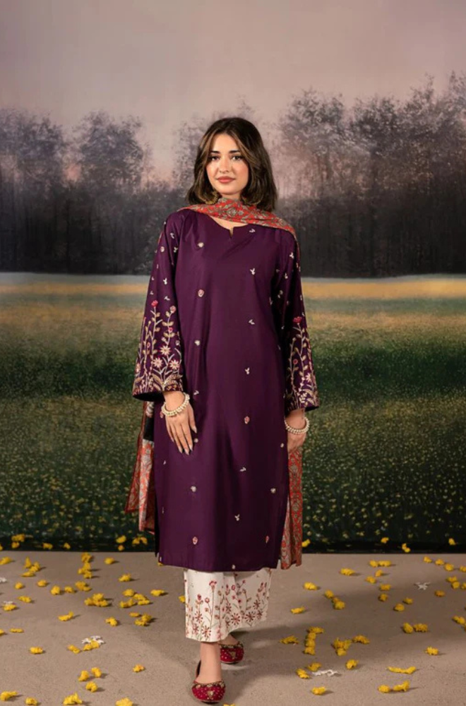 Urge- 3PC Unstitched Dhanak Embroidered Shirt with Digital Printed shawl and Embroidered Trouser- ES 1706