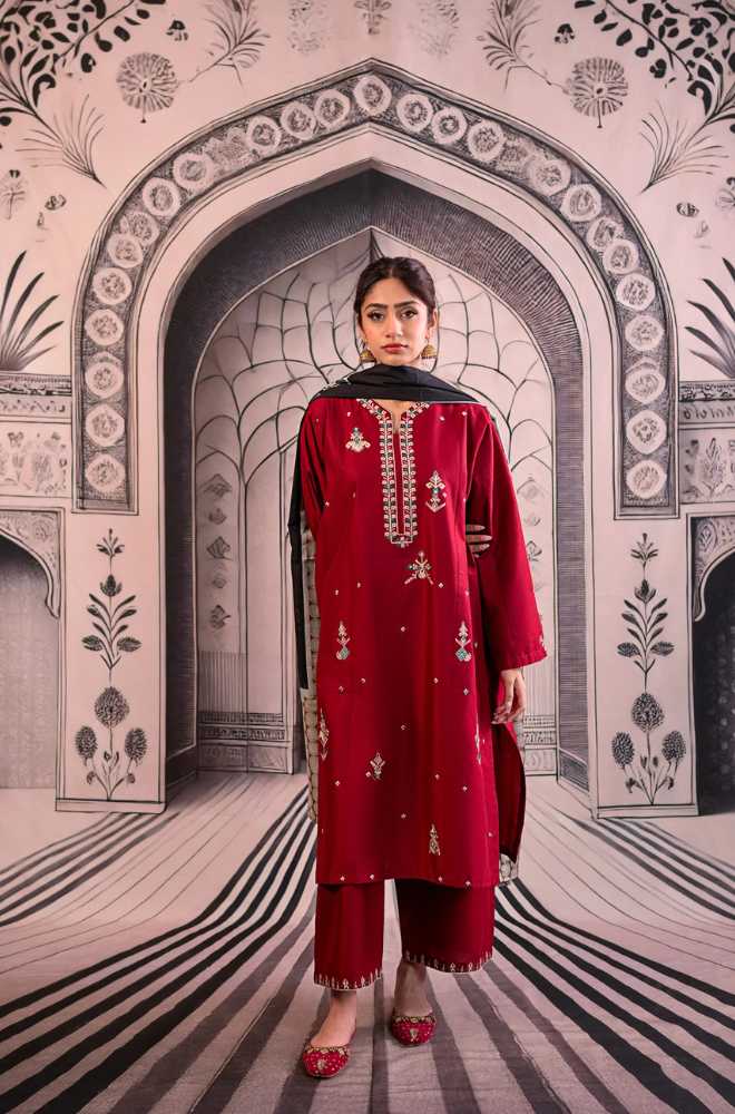 Urge- 3PC Unstitched Dhanak Embroidered Shirt with Digital Printed shawl and Embroidered Trouser- ES 1708