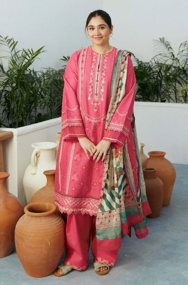 Zara Shah Jahan - 3PC Unstitched Lawn Embroidered Shirt Front and Back with Digital Printed Silk Dupatta and Embroidered Trousers - ES1021