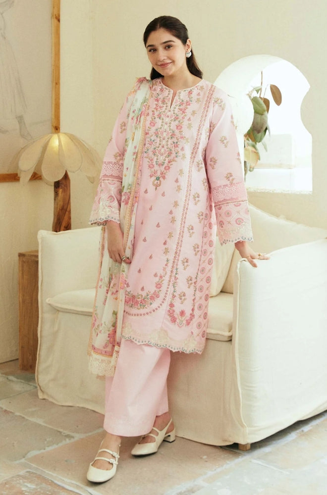 Zara Shah Jahan - 3PC Unstitched Lawn Embroidered Shirt with Digital Printed Silk Dupatta - ES1020