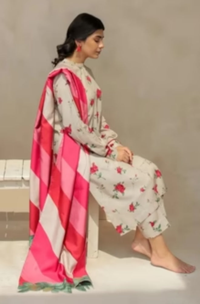 Baroque - 3PC Unstitched Printed Karandi Shirt with Printed Karandi Dupatta and Trouser - ES1159
