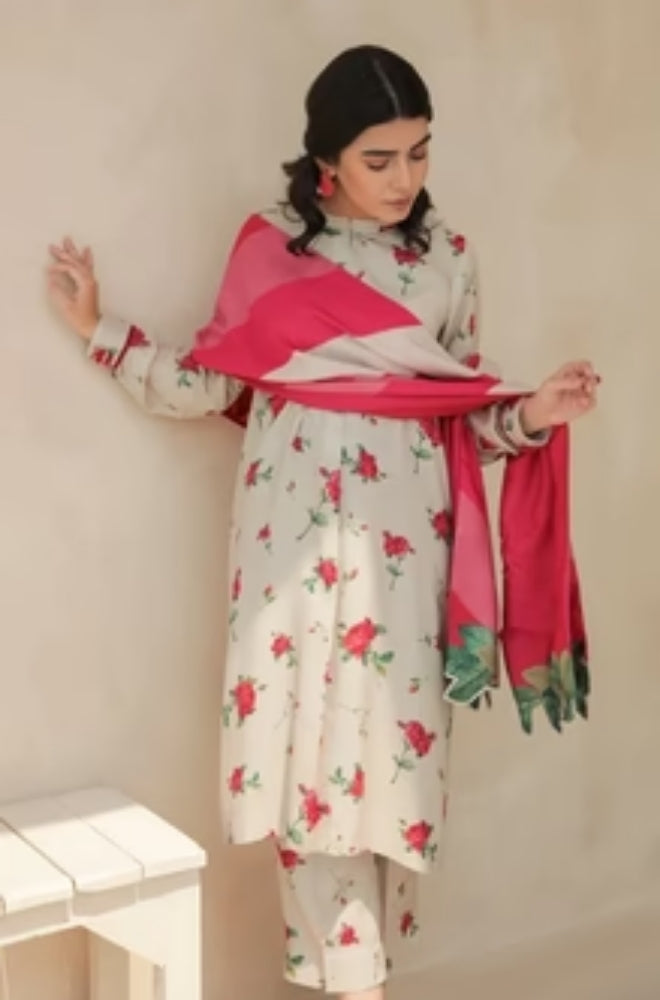 Baroque - 3PC Unstitched Printed Karandi Shirt with Printed Karandi Dupatta and Trouser - ES1159