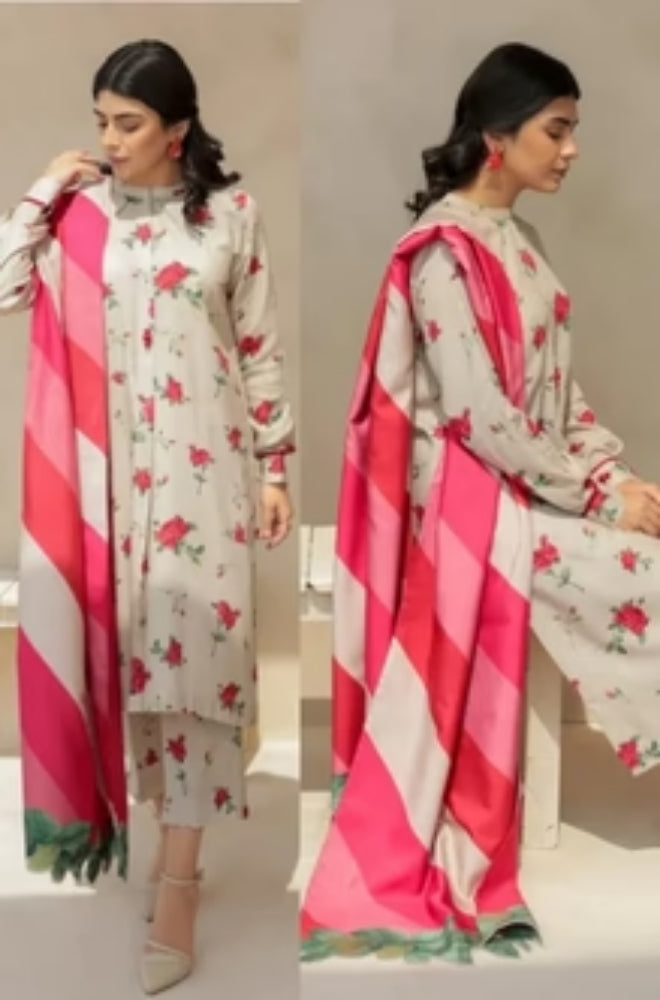 Baroque - 3PC Unstitched Printed Karandi Shirt with Printed Karandi Dupatta and Trouser - ES1159