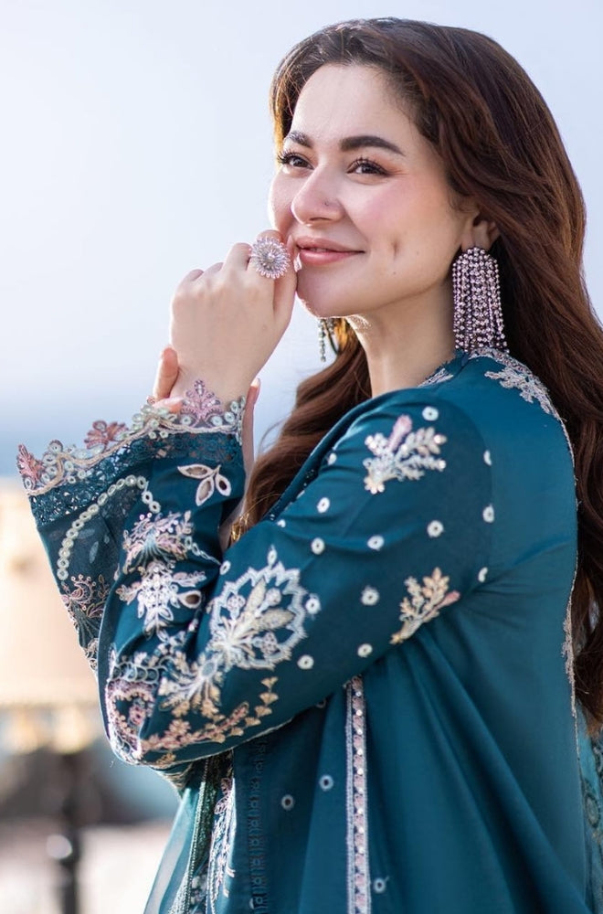 Qalamkaar - 3PC Unstitched Lawn Heavy Embroidered Shirt with Printed and Embroidered Cotton Net Dupatta - ES1087