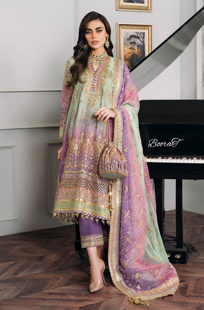 BAROQUE - 3PC Unstitched Embroidery Chiffon Suit With Silk Trouser - ES 2052