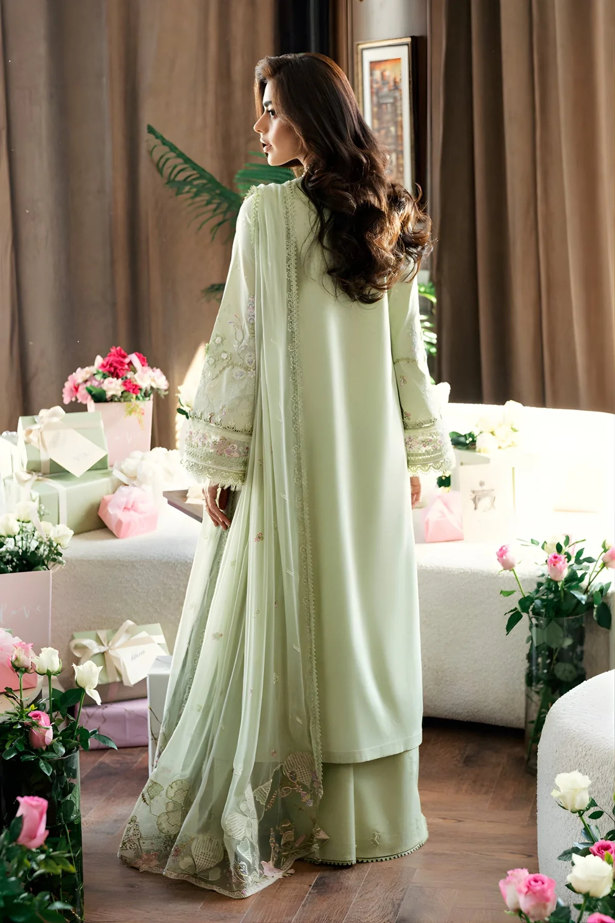 Qalamkar - 3PC Unstitched Lawn Embroidered Shirt with Embroidered Chiffon Dupatta and Trouser - ES 2238