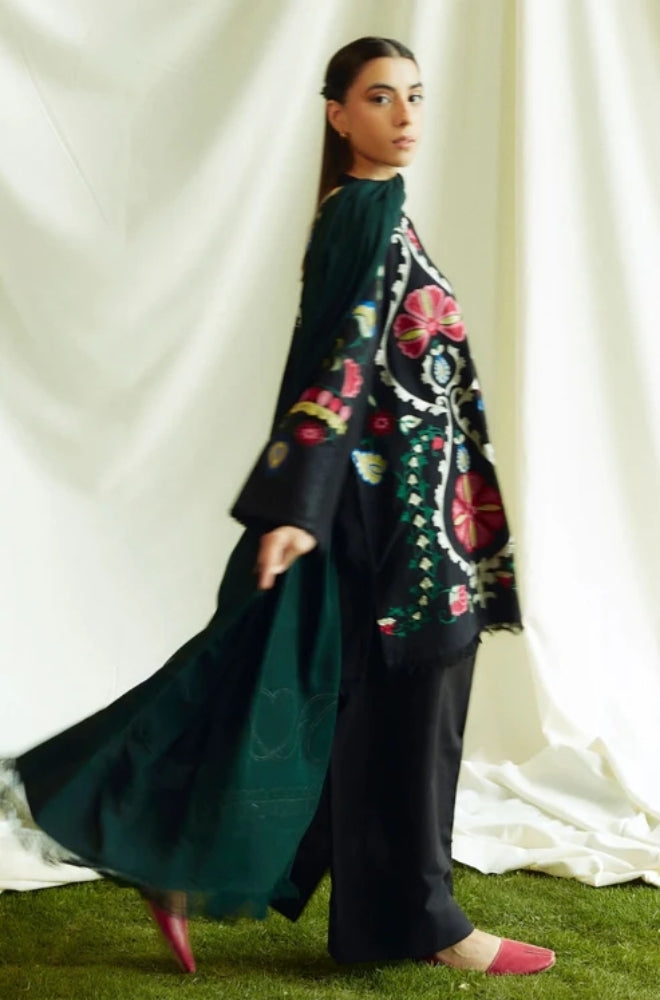 Zara Shah Jahan - 3PC Unstitched Dhanak Embroidered Shirt with Printed Shawl and Trouser - ES1033