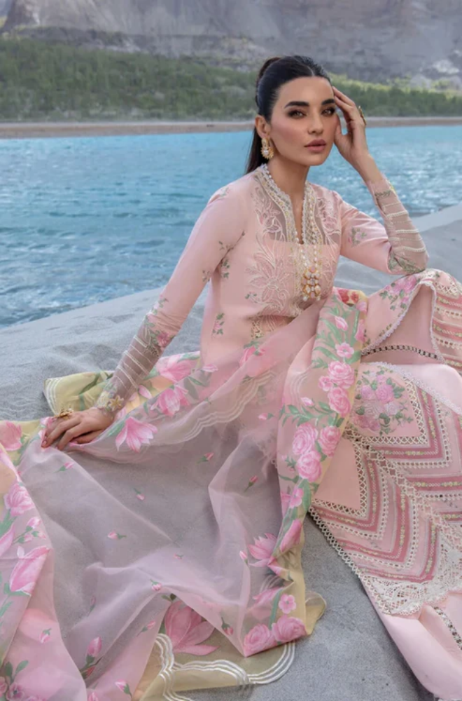 Crimson - 3PC Unstitched Linen Embroidered Boring Front with Printed Shawl and Trouser-ES0004