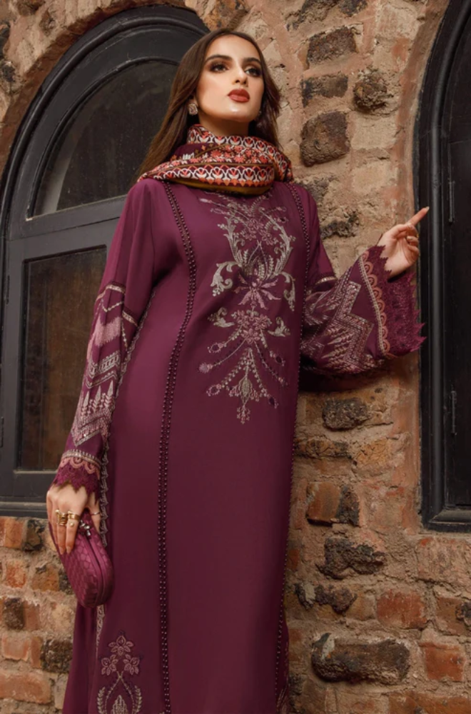 Maria B - 3PC Unstitched Dhanak Embroidered Shirt with Printed Shawl and Trouser-ES002