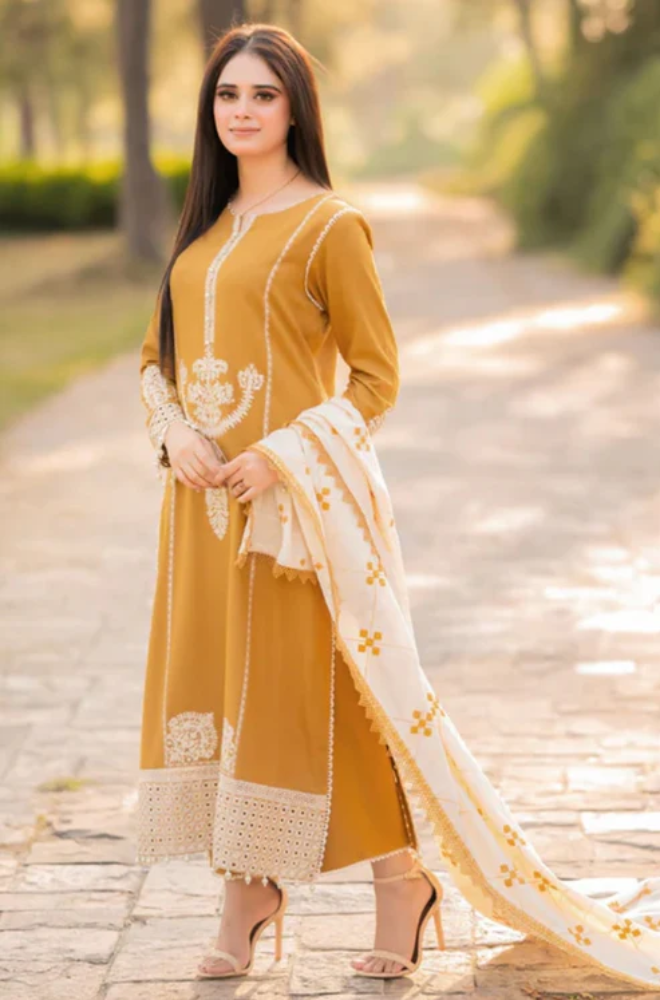 Libaas - 3PC Unstitched Dhanak Embroidered Shirt with Dhanak Embroidered Dupatta