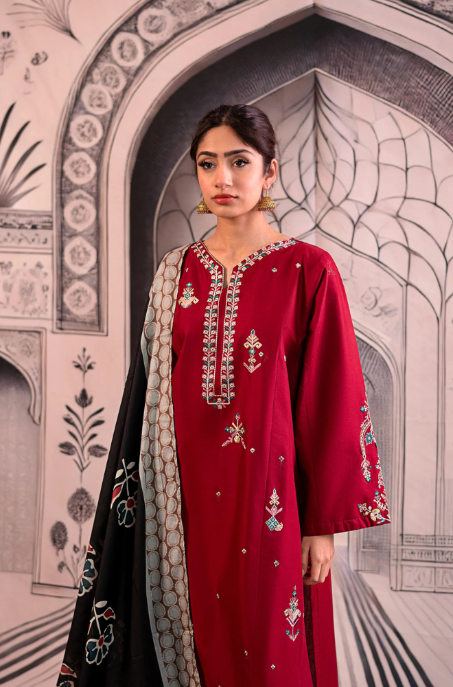 Urge- 3PC Unstitched Dhanak Embroidered Shirt with Digital Printed shawl and Embroidered Trouser- ES 1708
