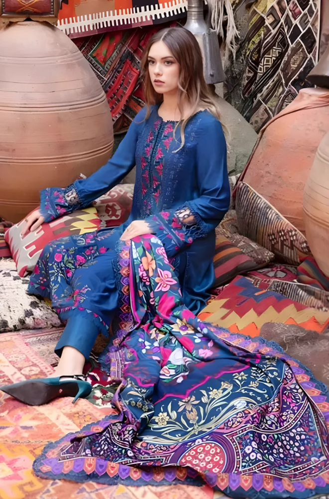 Maria B - 3PC Unstitched Dhanak Embroidered Shirt with Digital Printed Dupatta and Trouser - ES 2115