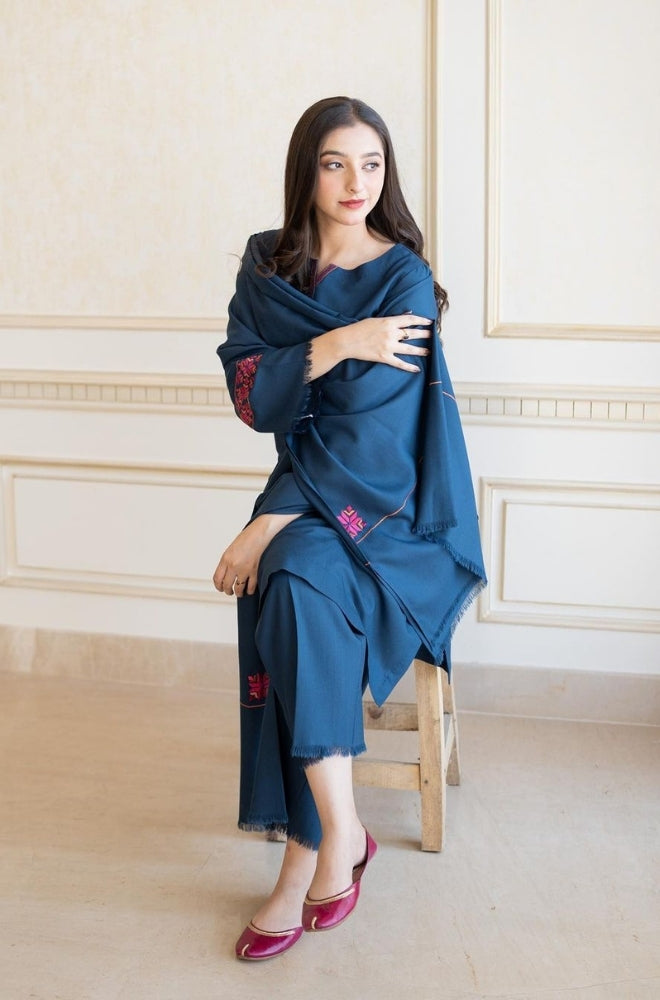 Aisling - 3PC Unstitched Dhanak Embroidered Shirt with Dhanak Embroidered Shawl and Trouser - ES1199