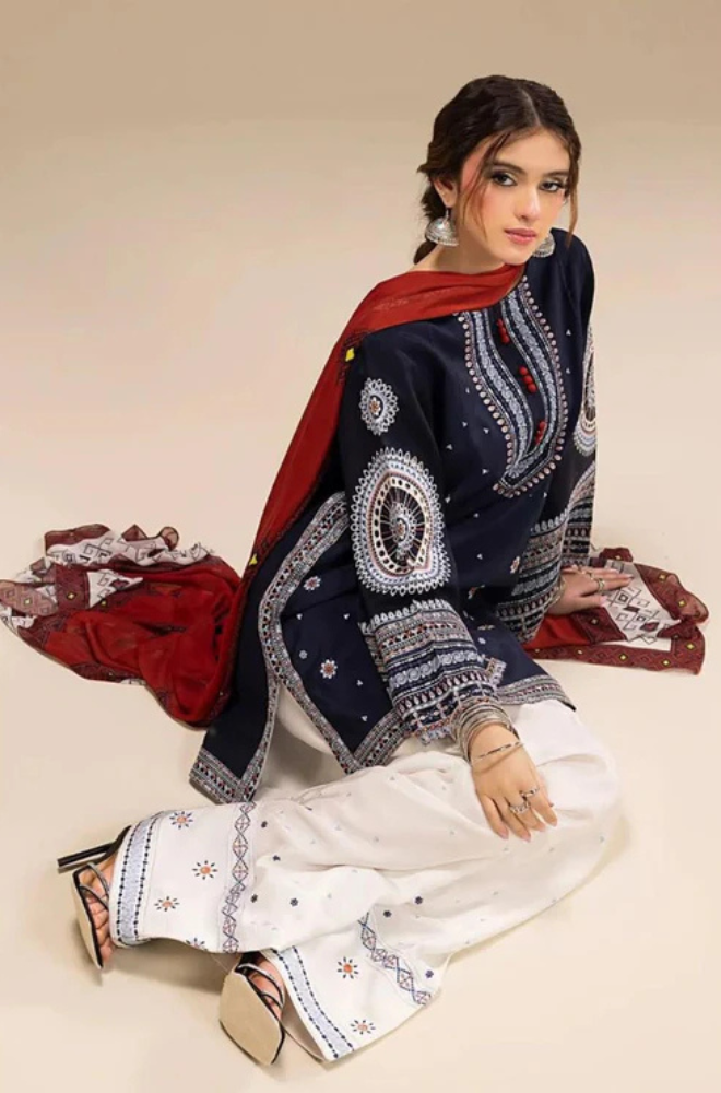 Jazmin- 3PC Unstitched Dhanak Embroidered Shirt with Digital Printed shawl and Embroidered Trouser- ES 1711