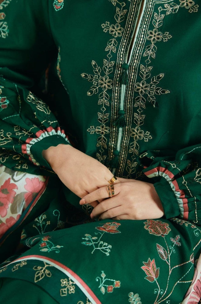 Zara Shah Jahan - 3PC Unstitched Dhanak Embroidered Shirt with embroided back and Printed Shawl and Trouser-ES1209
