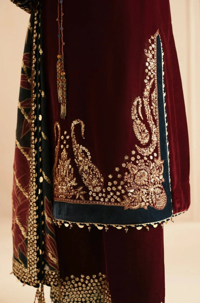 Jazmin - Front Full Embroidered On Velvet And Organza Printed Embroidered Dupatta - ES 2001