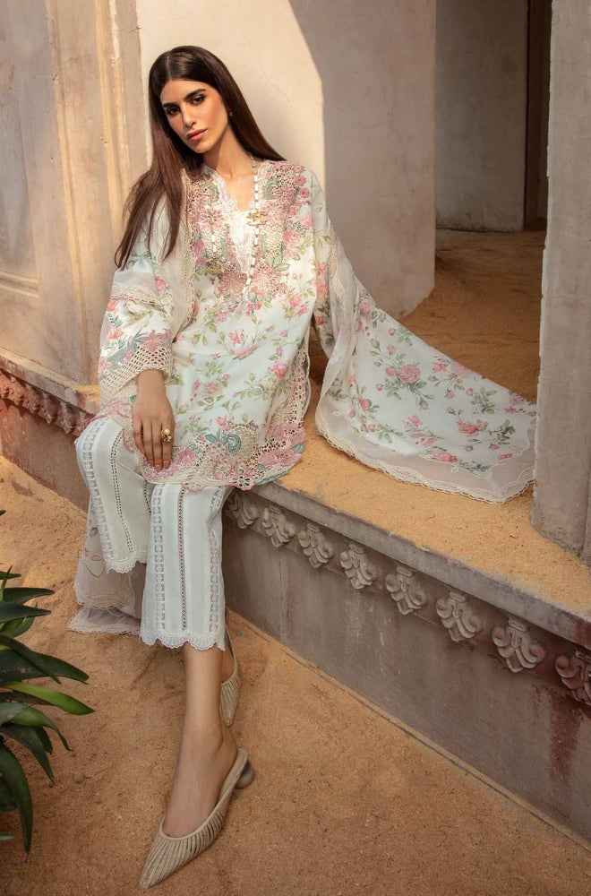 Crimson - 3PC Unstitched Lawn Printed + Embroidered Shirt with Printed Silk Dupatta and Embroidered Trouser - ES1148