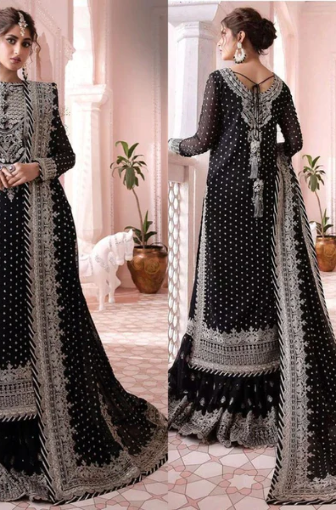 Asim Jofa-3PC Unstitched chifoon Embroidered Shirt Embroidered Dupatta and embroidered gharara- ES 3009