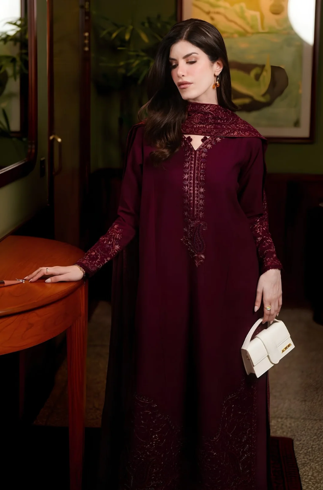 Zaib - 3PC Unstitched Dhanak Embroidered Shirt with Dhanak Embroidered shawl and Trouser -ES 8013