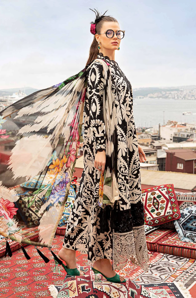 Maria B-3PC Lawn Printed Shirt with Embroided Patches and Printed Dubatta and Trousers-ES1440