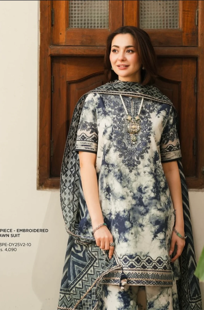 Maria B-3PC Lawn Printed Shirt with Embroided Patches and Printed Dubatta and Trousers-ES1601